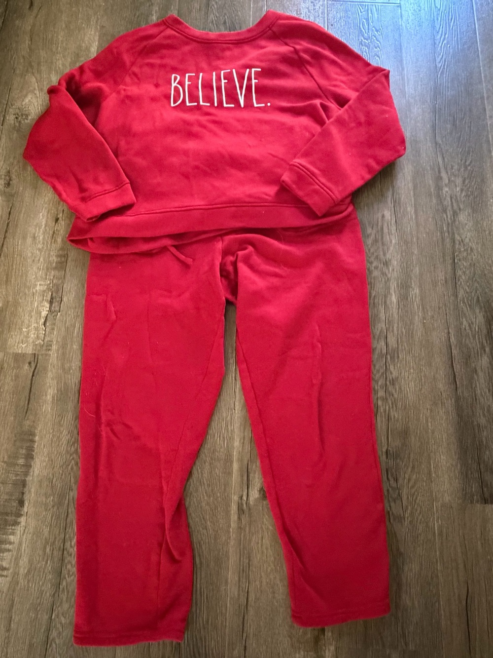 Rae Dunn Red "BELIEVE." Women’s Festive Cozy Sweatpants & sweatshirt.